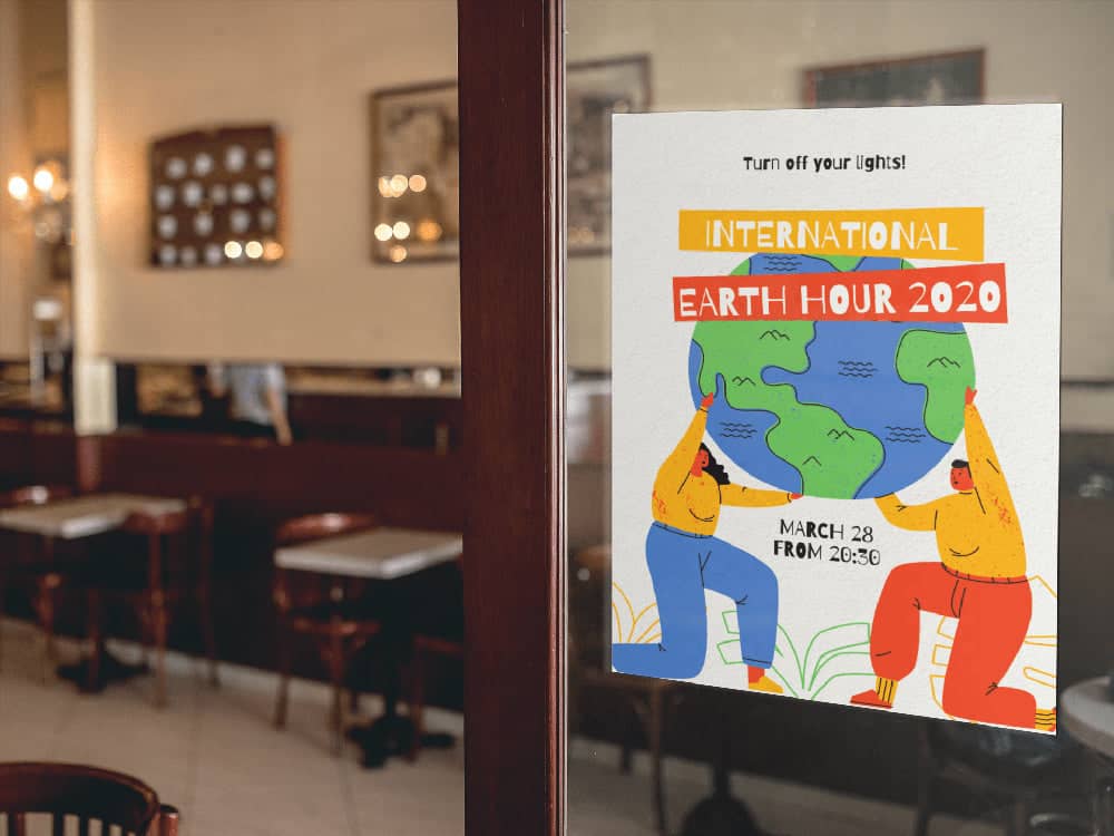 International Earth Hour custom window cling sticker on café/coffee shop window. 