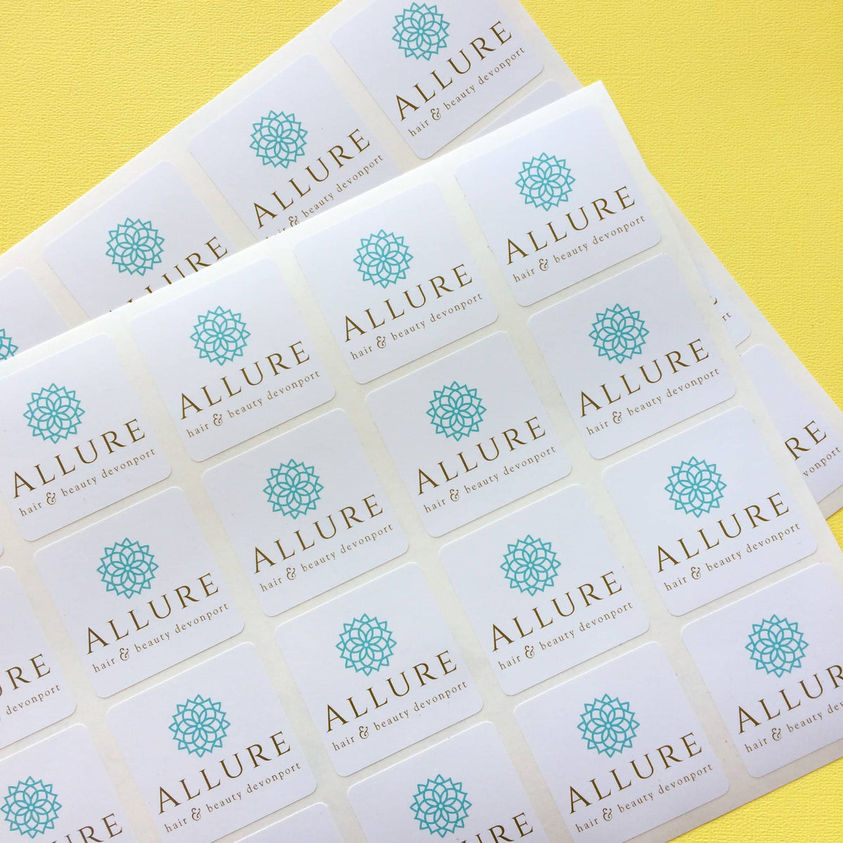 Allure Hair &amp; Beauty Development brand logo square sheet label stickers.